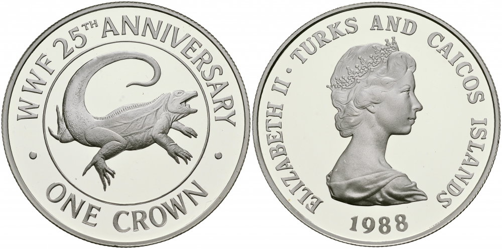 Теркс и Кайкос 1 крона 1988 серия 25 лет защиты окружающей среды, игуана КМ 64 a серебро PROOF 02-226-44