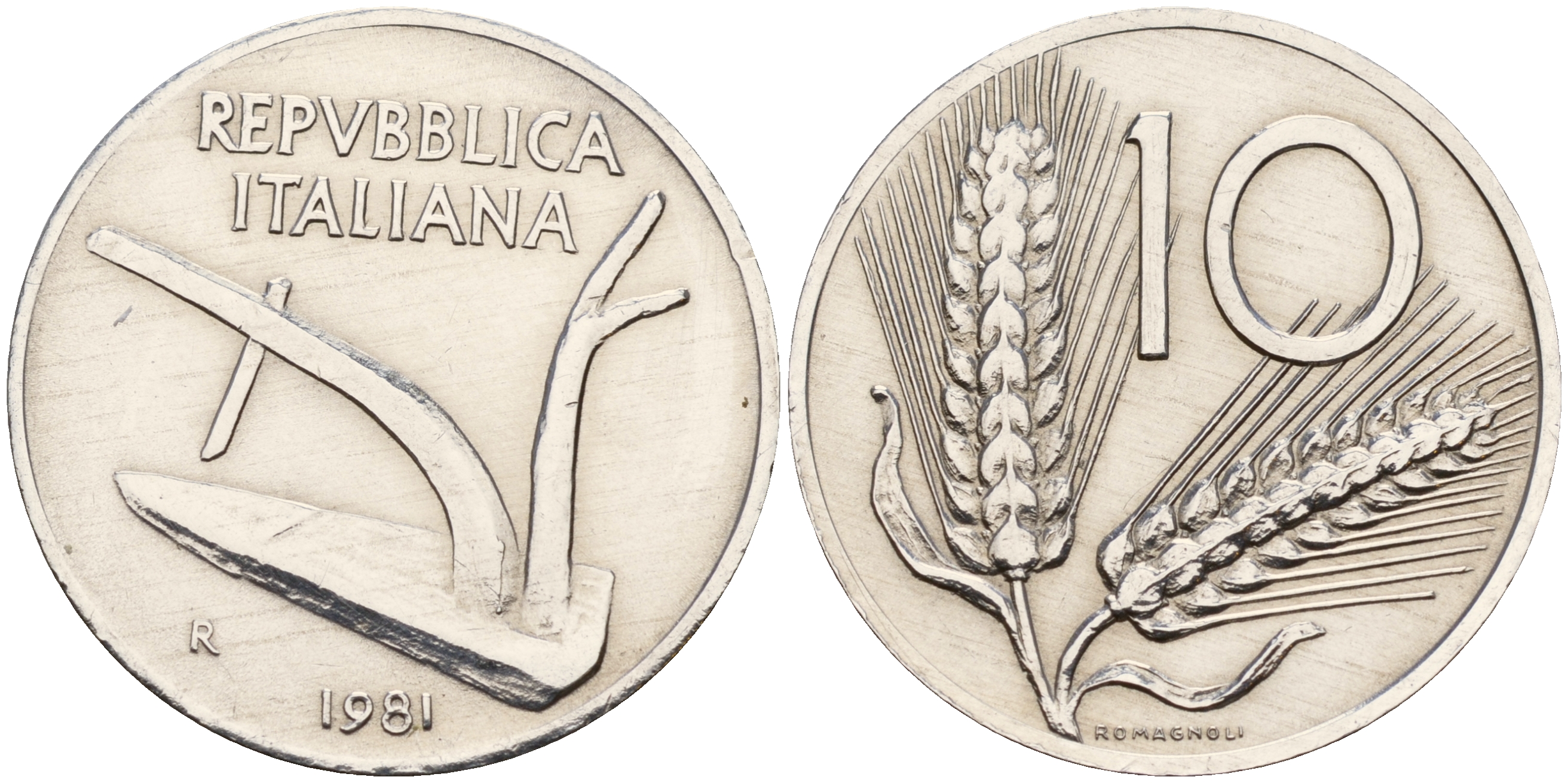 Италия 10 лир 1981 R, плуг KM 93 алюминий 4595-347