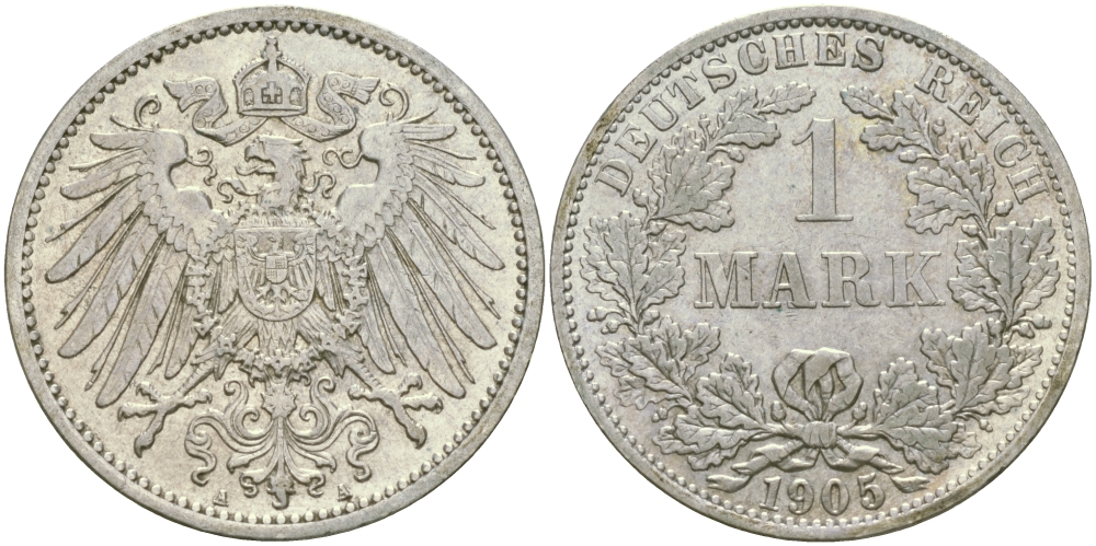 Германия 1 марка 1905 A Weege 18, J. 17, KM 14 серебро aUNC 65-156