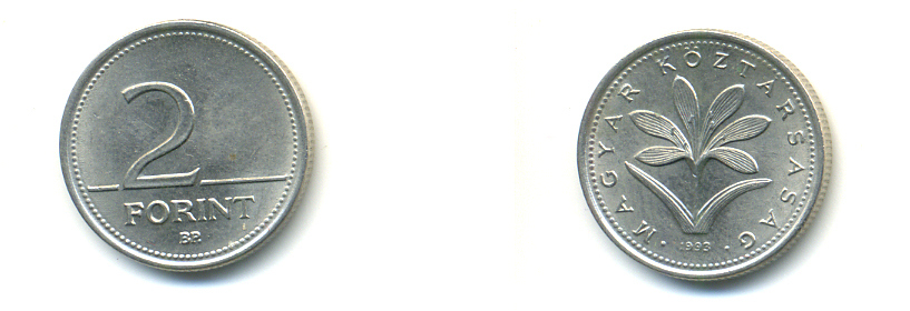 ВЕНГРИЯ 2 ФОРИНТА 1993 ВР KM 693 медно-никель UNC 93-223