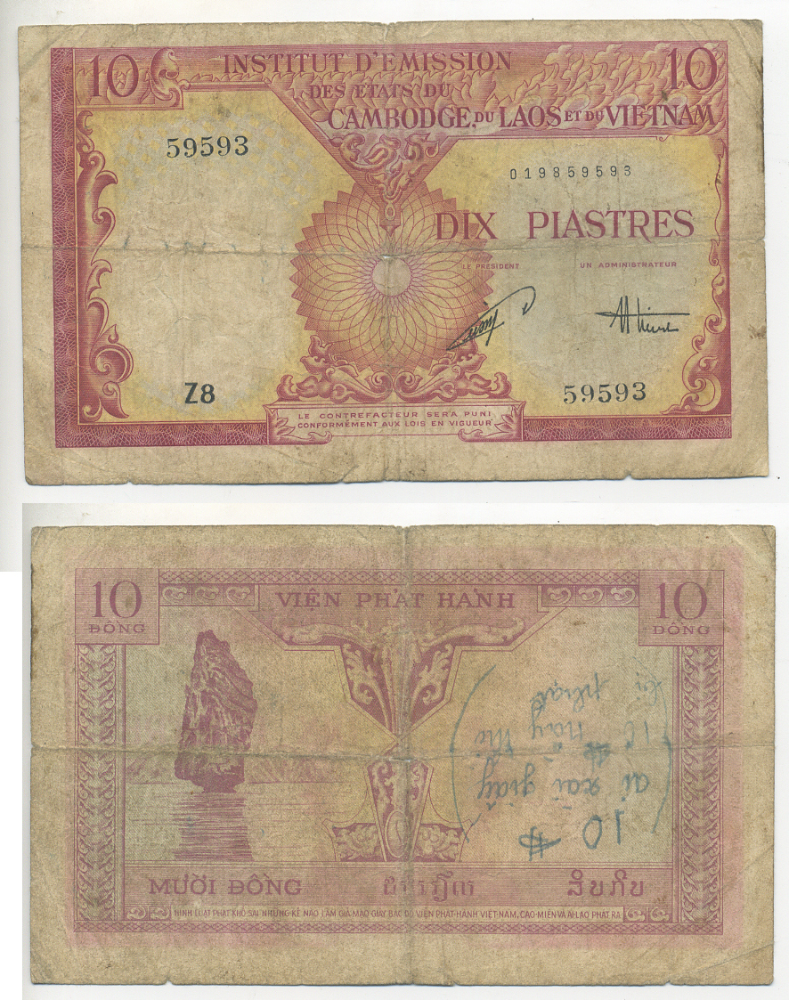ФРАНЦУЗСКИЙ ИНДОКИТАЙ, ВЬЕТНАМ 10 ПИАСТРОВ = 10 ДОНГОВ 1953 ПОДПИСЬ 21 Pick 107 бумага 7220-65-1