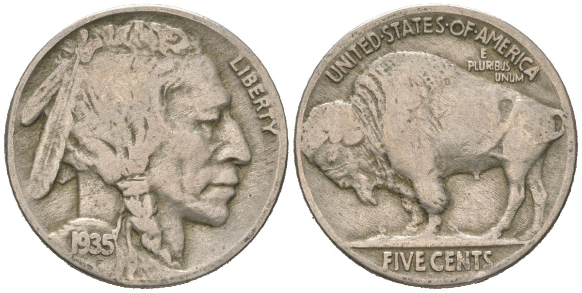 США 5 центов 1935 индеец, бизон KM 134 медно-никель 4614-1166
