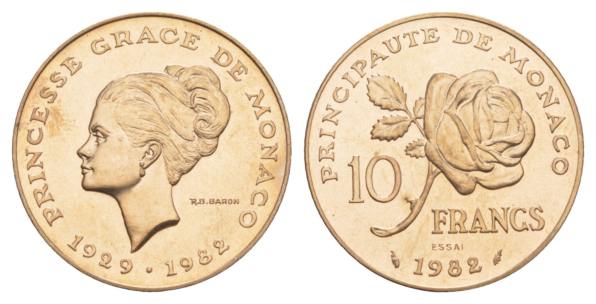 Монако 10 франков 1982 Смерть принцессы Грейс, Essai - Пробник KM E72 медь алюминий никель BU 11-132-34