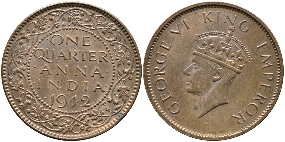 Британская Индия 1/4 анна 1942 Георг VI (1937-1952) KM 531 бронза aUNC 3334-441