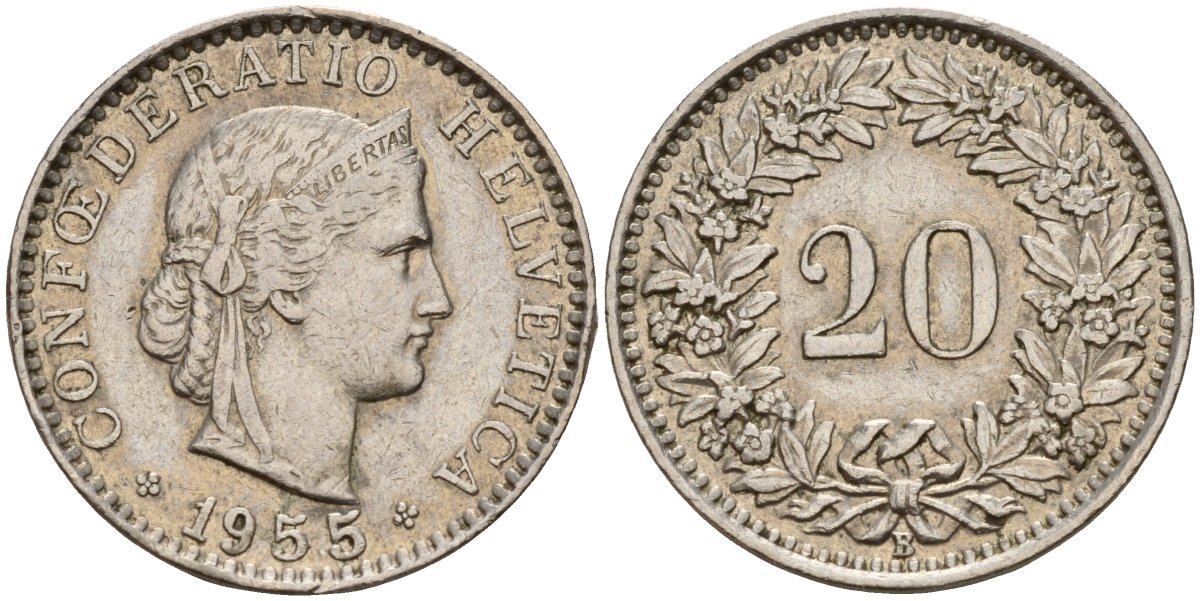Швейцария 20 раппенов 1955 B KM 29a медно-никель 4187-543