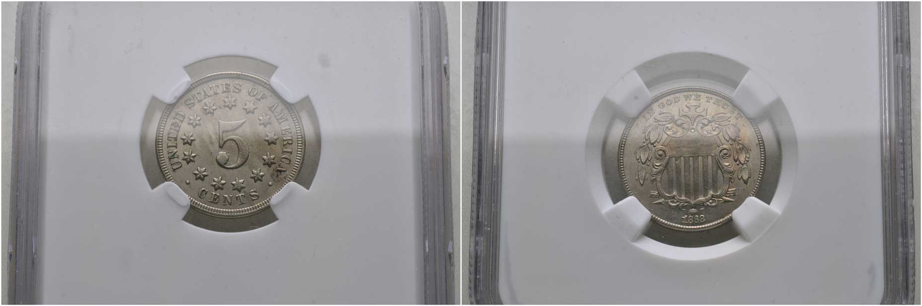 США 5 центов 1868 Щит Союза, в слабе NGS UNC DETAILES KM 97 медно-никель  UNC  15-008-10