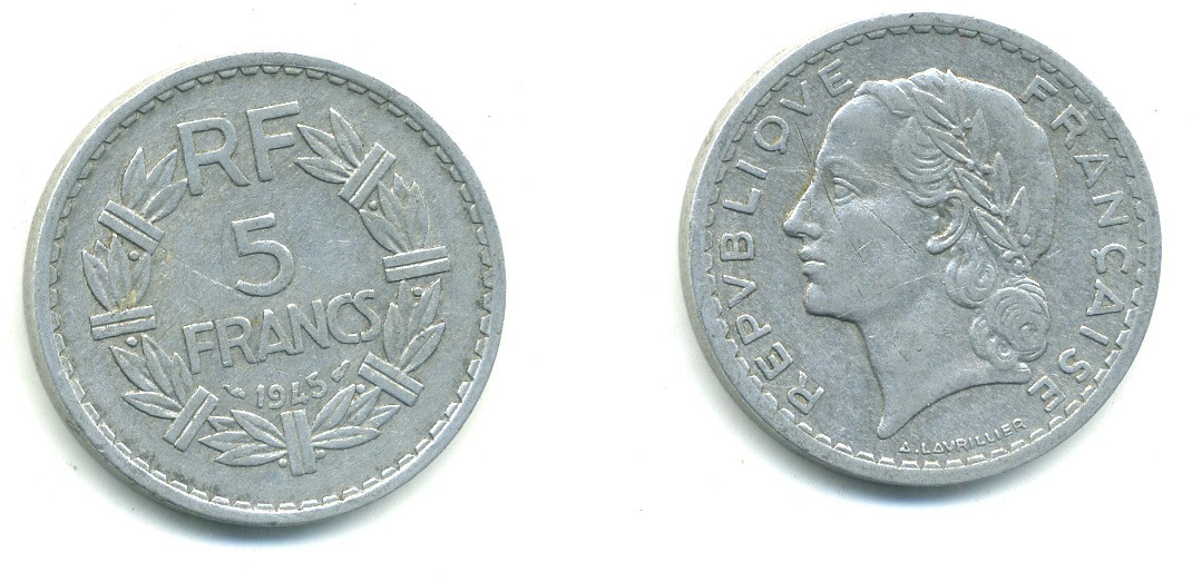Франция 5 франков 1945 KM 888b.1, Le Franc 339.3 алюминий 84-636