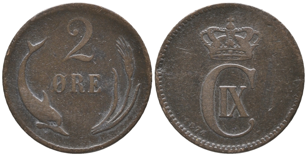 ДАНИЯ 2 ЭРЕ 1874 КРИСТИАН IX (1863-1906) KM 793.1 бронза 34-455