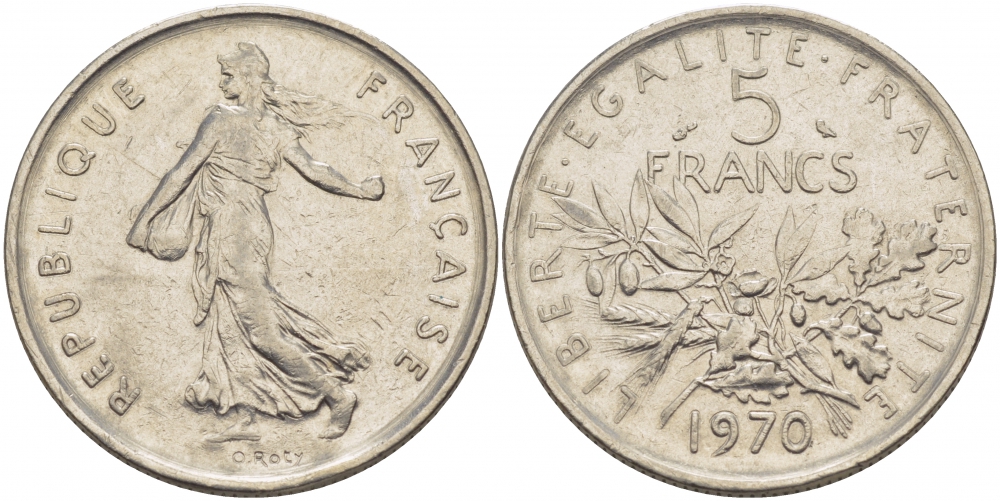 Франция 5 франков 1970 сеятель, тип Semeuse KM 926a.1, Le Franc 341.2 медно-никель плакированный никелем 4403-234