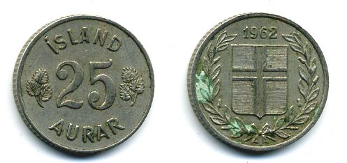 Исландия 25 эйре 1962 KM 11 медно-никель 46-2436