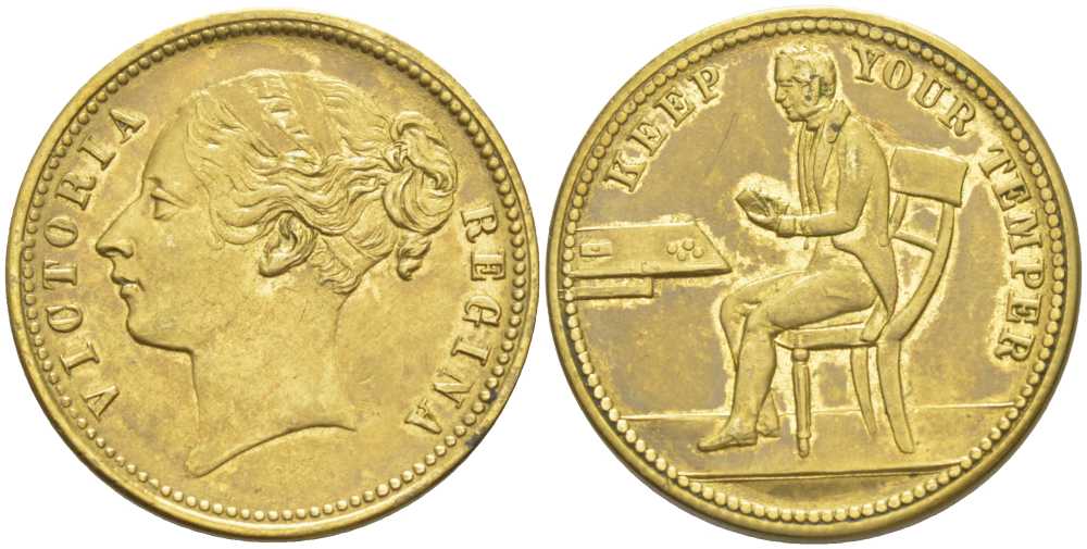 АНГЛИЯ ТОКЕН, ИГРОВОЙ ЖЕТОН ND КОРОЛЕВА ВИКТОРИЯ, МОЛОДОЙ ПОРТРЕТ, ДИАМЕТР 22 ММ., KEEP YOUR TEMPER, ДЕРЖИ СЕБЯ В РУКАХ латунь 31-221