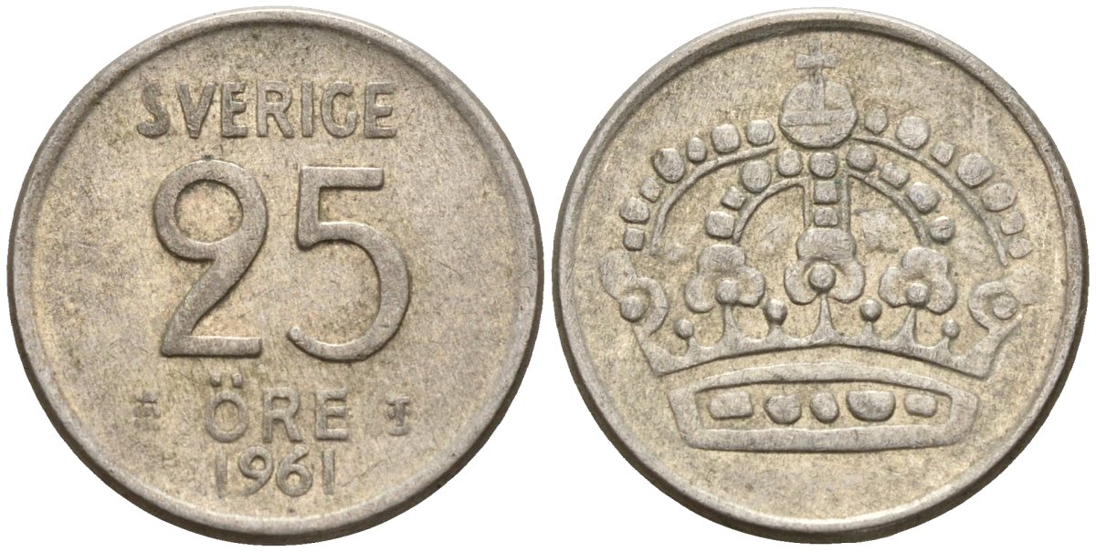 Швеция 25 эре 1961 TS, Густав VI Адольф (1950-1973) KM 824 серебро 4147-1115