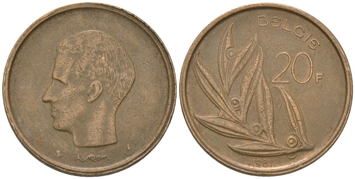 Бельгия 20 франков 1981 BELGIE, Бодуэн I (1951-1993) KM 160 никель бронза 4561-1016