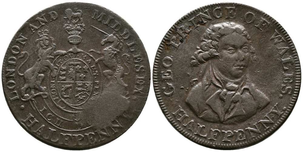 Великобритания 1/2 пенни ND (1787-1797) Миддлсекс - Национальная серия - принц Уэльский Dalton & Hamer 953 медь 1518-243