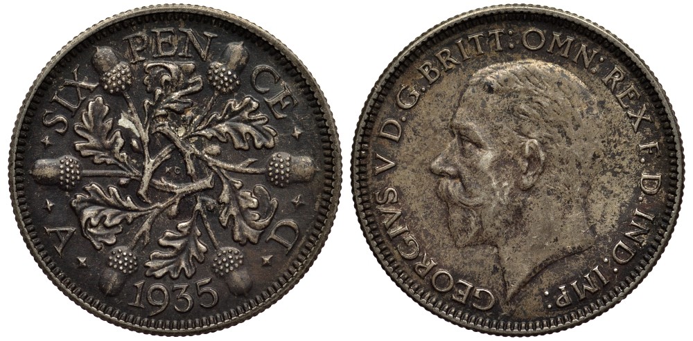 Великобритания 6 пенсов 1935 Георг V (1910-1936) KM 832, Spink 4041 серебро 4538-356