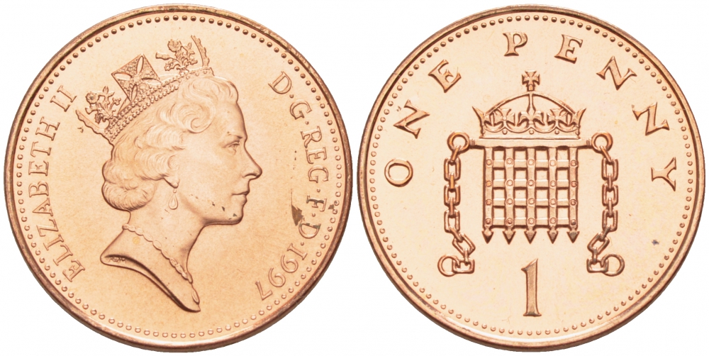 Великобритания 1 пенни 1997 Елизавета II (1952-2022) KM 935a, Spink 4391 (B4) сталь плакированная медью UNC 201-153