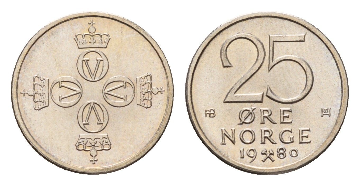 Норвегия 25 эре 1980 Улаф V (1957-1991) KM 417 медно-никель UNC 4588-647