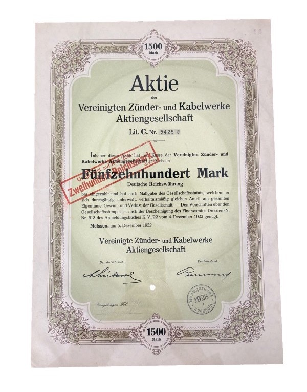 Германия акция на 1500 марок 1922 компании Vereinigte Zünder- und Kabelwerke Aktiengesellschaft / Акционерное общество «Объединенные заводы по производству запалов и кабелей»  бумага  5555-16