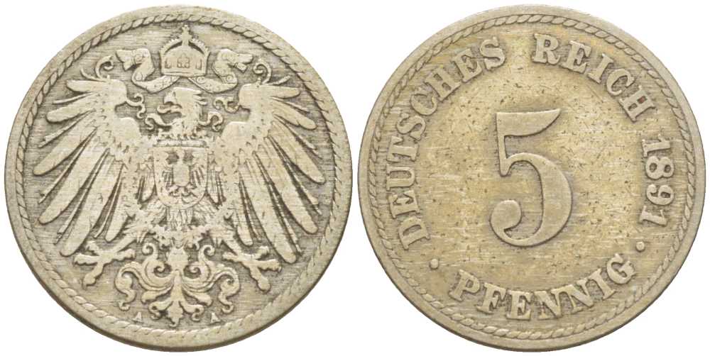 ГЕРМАНИЯ 5 ПФЕННИГОВ 1891 A KM 11, J. 12, Weege 6 медно-никель 206-869