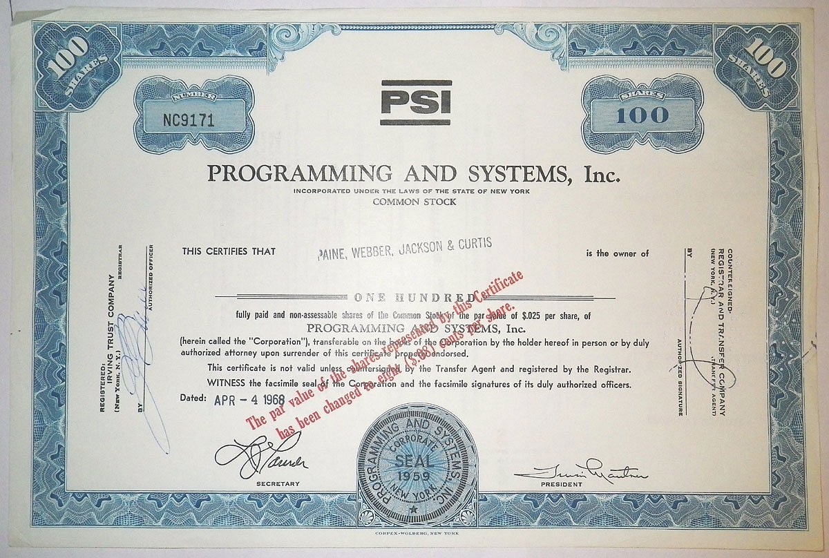 США, Programs and Systems, Inc. 100 акций 1968 бумага 00-00