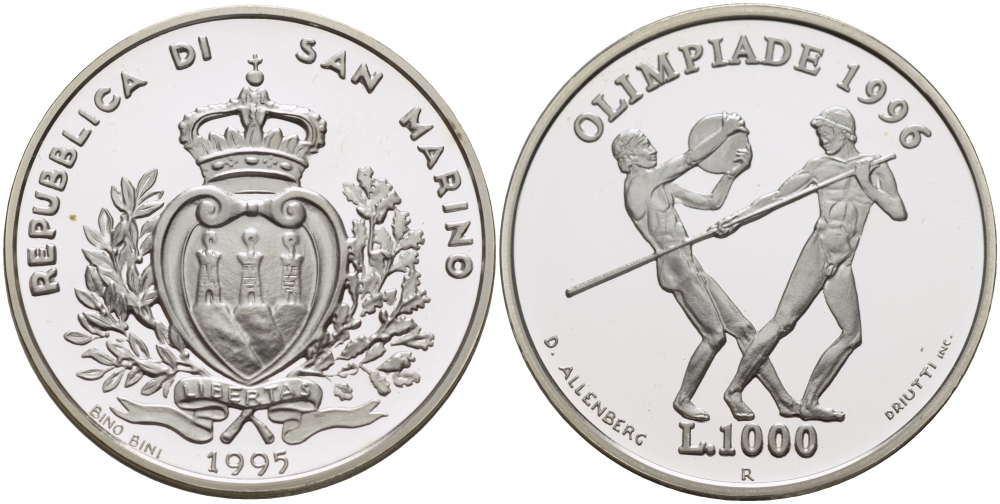 Сан-Марино 1000 лир 1995 XXVI летние Олимпийские игры в Атланте 1996 года, копьеметатель и дискобол KM 332 серебро PROOF 1087-6-44