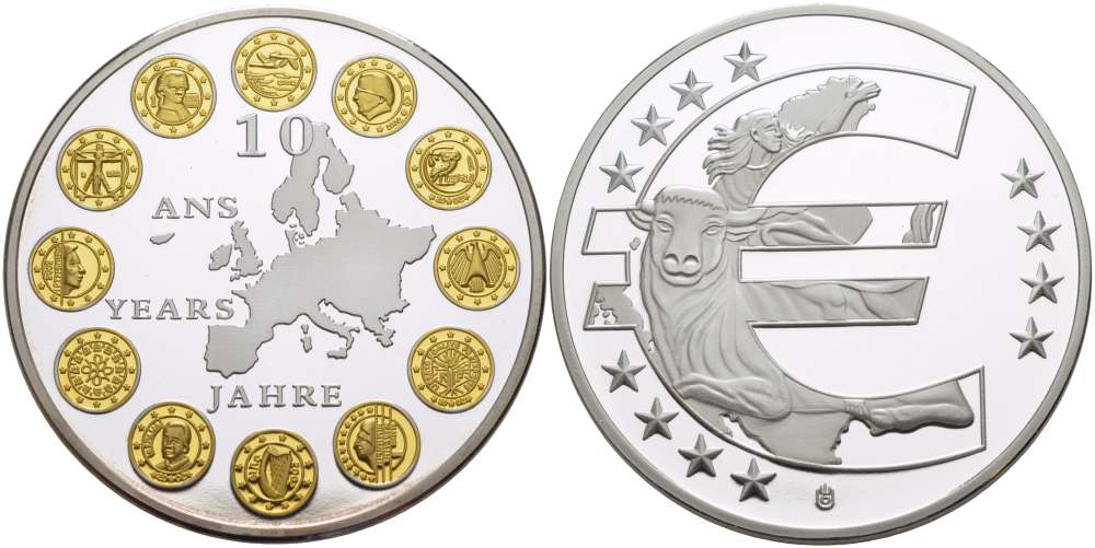 НИДЕРЛАНДЫ МЕДАЛЬ 2012 СЕРИЯ 10 ЛЕТ ЕВРО, ЦЕНТРАЛЬНАЯ МЕДАЛЬ С ИЗОБРАЖЕНИЕМ ВСЕХ СТРАН ЕВРОСОЮЗА, СЕРЕБРЕНИЕ, ПОЗОЛОТА, ДИАМЕТР 40 ММ., ПОХИЩЕНИЕ ЕВРОПЫ PROOF 1082-6-61