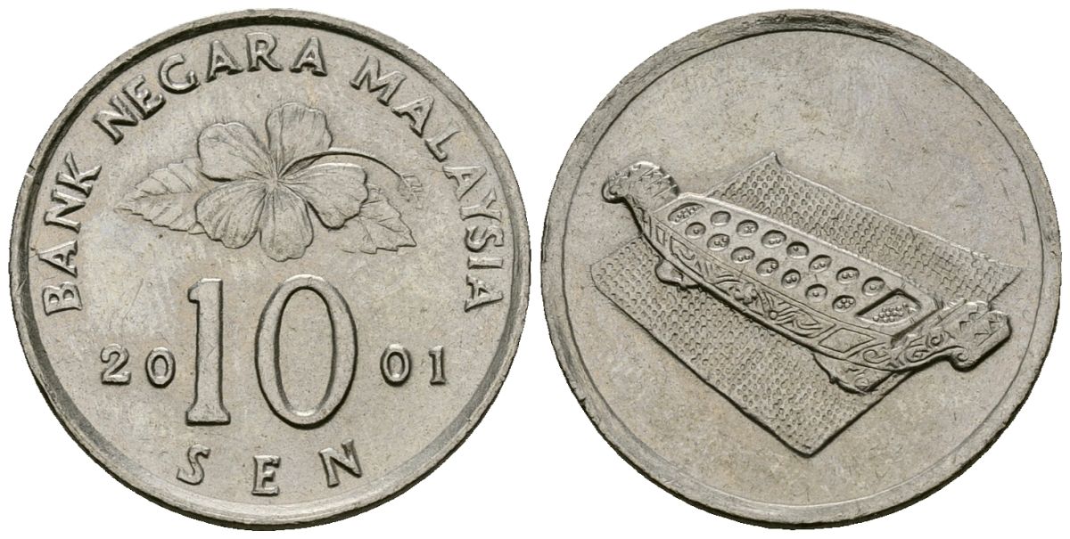 Малайзия 10 сенов 2001 цветок KM 51 медно-никель 4173-1012