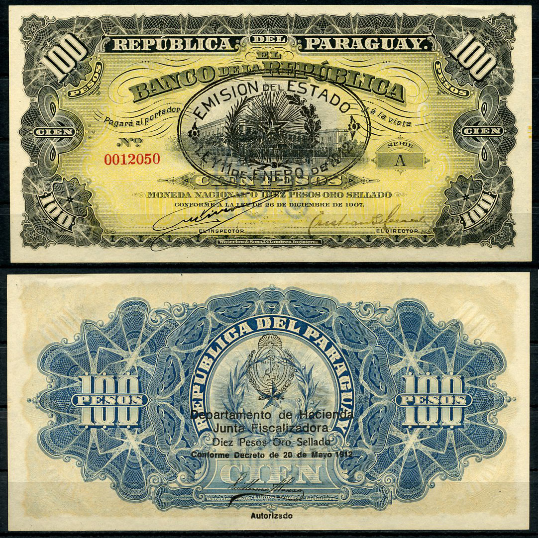 Парагвай 100 песо 1912 серия А, дворец Лос Лопес, Асунсьон, надпечатки на Pick 159 Pick 134 (3)  бумага  UNC (пресс) 451-41-1