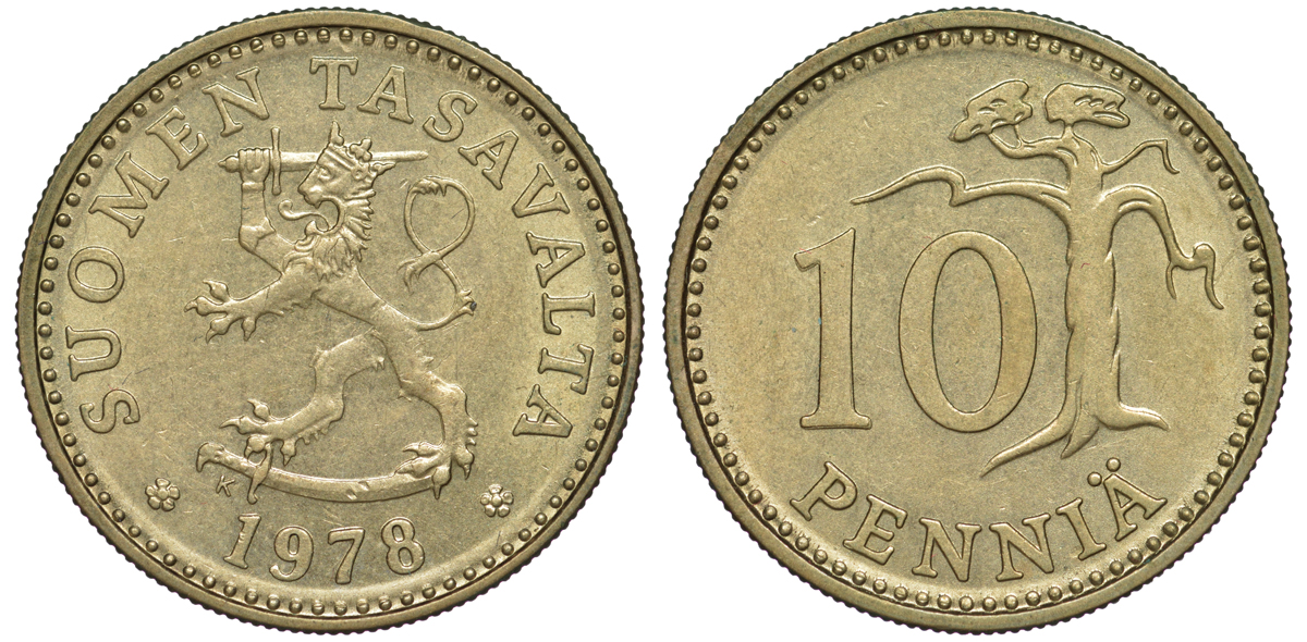 ФИНЛЯНДИЯ 10 ПЕННИ 1978 K KM 46 алюминиевая бронза 3334-1135