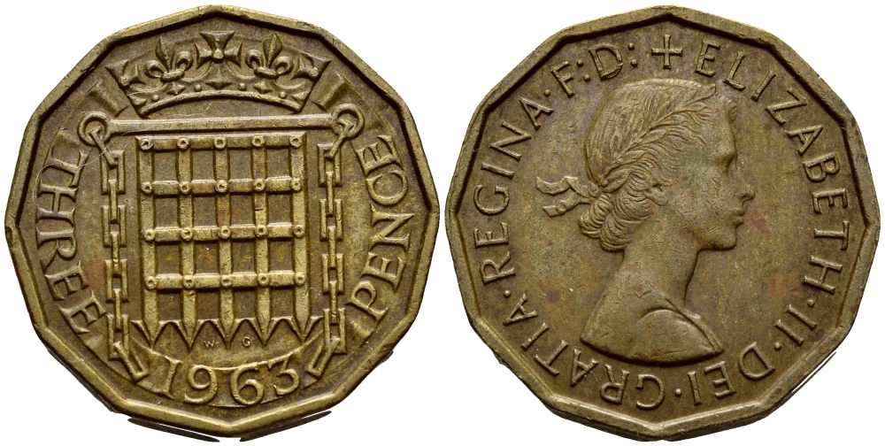 Великобритания 3 пенса 1963 Елизавета II (1952-2022) KM 900, Spink 4153 никель латунь 35-1412