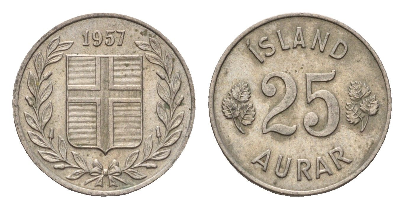 Исландия 25 эйре 1957 KM 11 медно-никель 4690-569