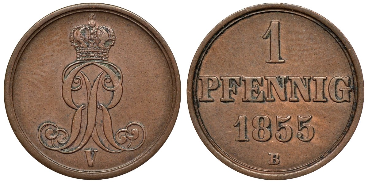 Ганновер 1 пфенниг 1855 B, Георг V KM 221, AKS 155, J. 83 медь 4594-511