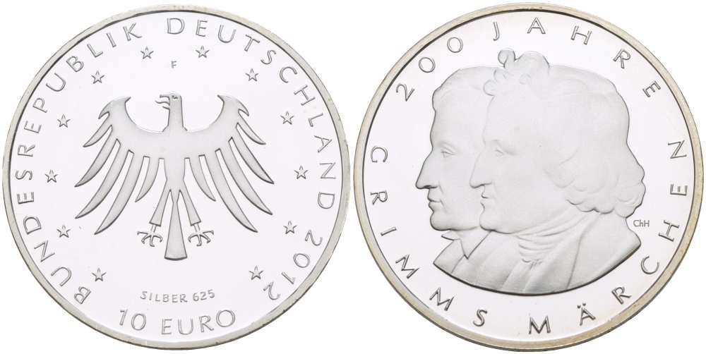 ФРГ 10 евро 2012 F, 200 ЛЕТ СКАЗКАМ БРАТЬЕВ ГРИММ KM 310 серебро PROOF 1084-7-71