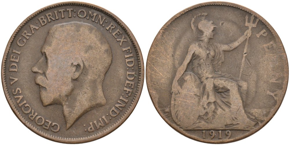 Великобритания 1 пенни 1919 Георг V (1910-1936) KM 810, Spink 4051 бронза 4572-1234
