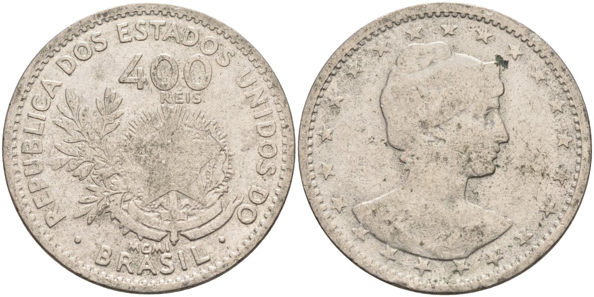 Бразилия 400 рейс 1901 голова свободы вправо KM 505 медно-никель 4367-136
