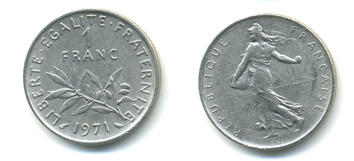 ФРАНЦИЯ 1 ФРАНК 1971 СЕЯТЕЛЬ KM 925.1 никель 57-156