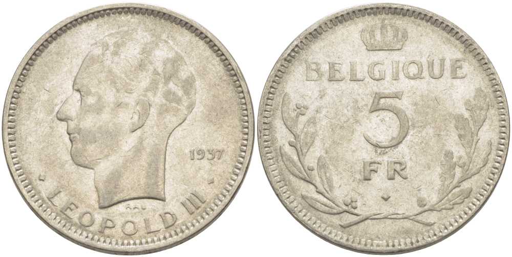 Бельгия 5 франков 1937 Леопольд III (1934-1951), Belgique KM 118 никель 3851-514