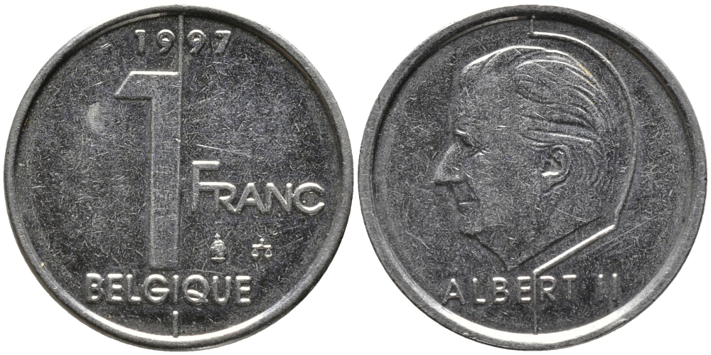 БЕЛЬГИЯ 1 ФРАНК 1997 BELGIQUE, АЛЬБЕРТ II (1993-) KM 187 железо плакированное никелем 99-1232