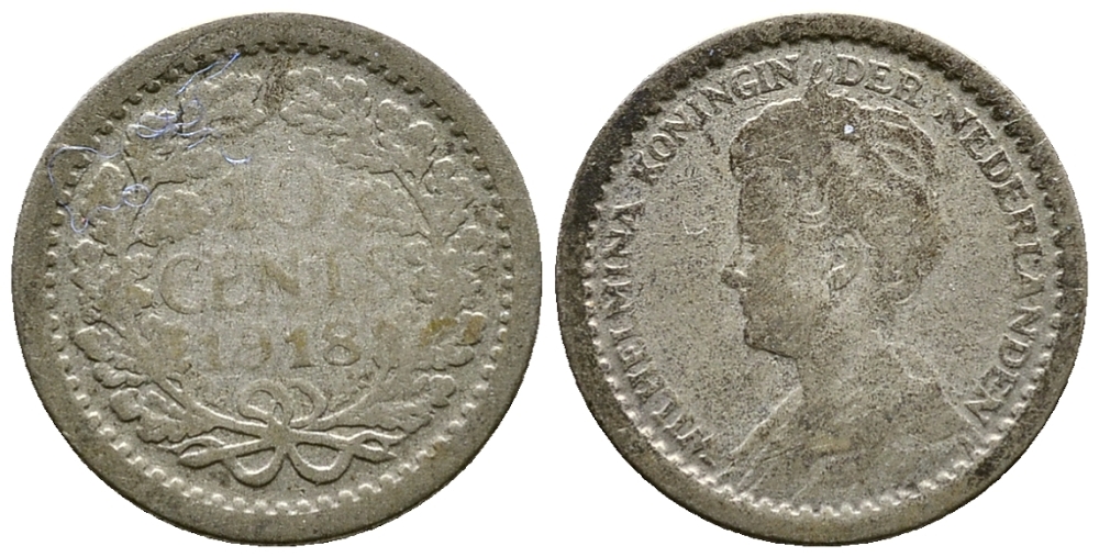 НИДЕРЛАНДЫ 10 ЦЕНТОВ 1918 ВИЛЬГЕЛЬМИНА KM серебро 46-743