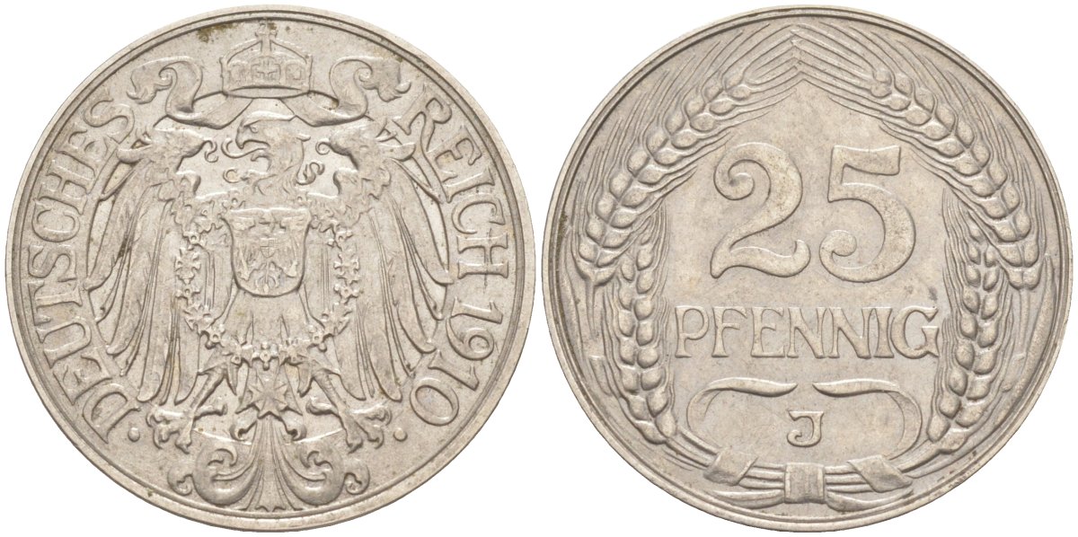 Германия 25 пфеннигов 1910 J KM 18, Weege 12, J.18 никель 186-1156