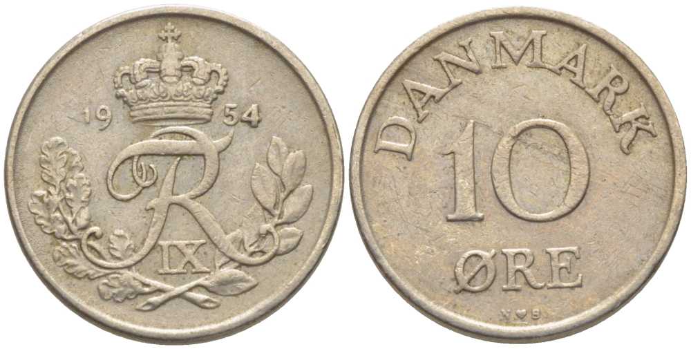 ДАНИЯ 10 ЭРЕ 1954 N;S, ФРЕДЕРИК IX (1947-1972) KM 841,1 медно-никель 201-1215