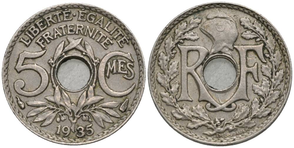 ФРАНЦИЯ 5 САНТИМОВ 1935 ТИП LINDAUER, PETIT MODULE KM 875, LE FRANC 122.18 медно-никель 4549-1236