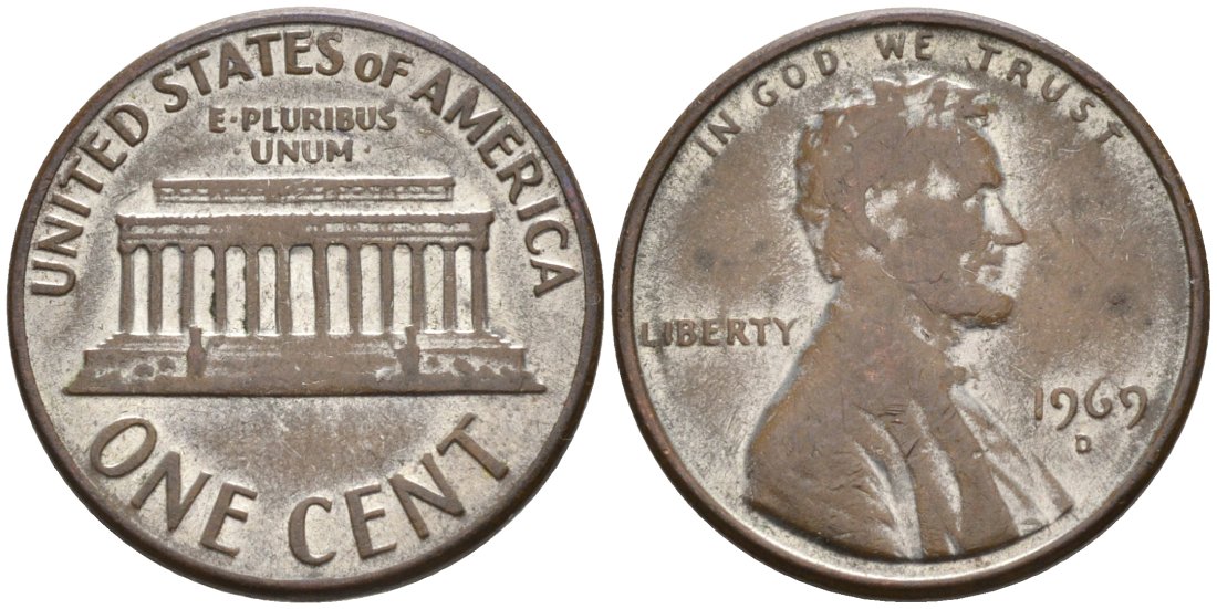 США 1 цент 1969 D, Линкольн KM 201 медь цинк 4564-457