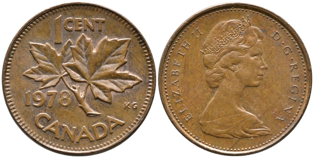 Канада 1 цент 1978 Елизавета II (1952-2022), кленовый лист KM 59.1 бронза 4528-744