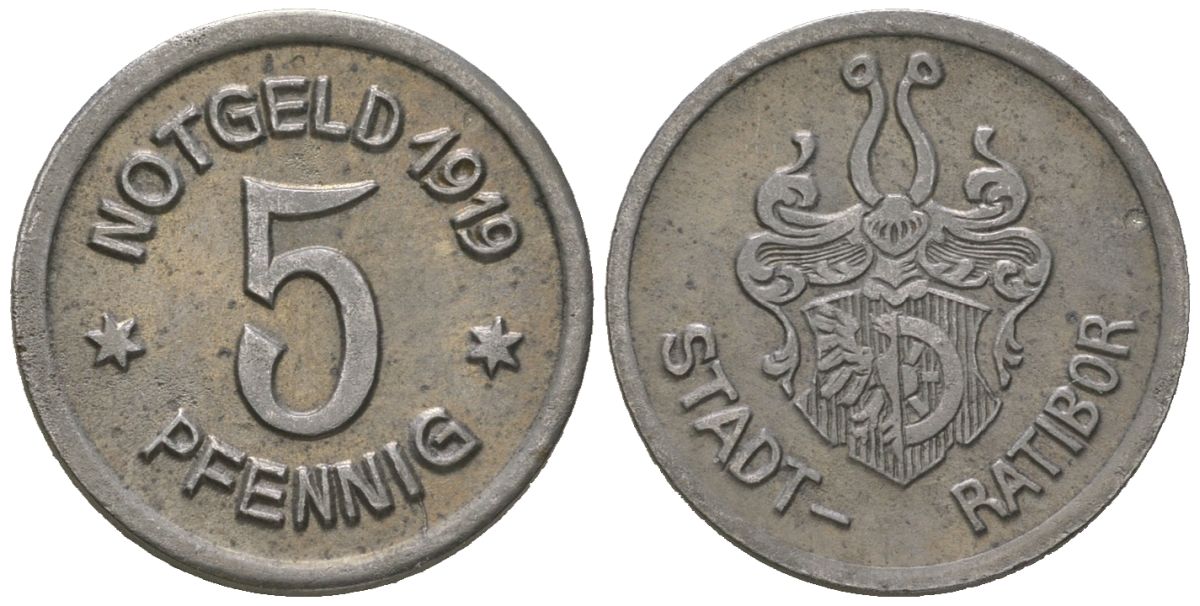 Ратибор (Силезия) 5 пфеннингов 1919 Funck 438.4, Men05 21145.4, Men18 26408.4 железо 4164-147