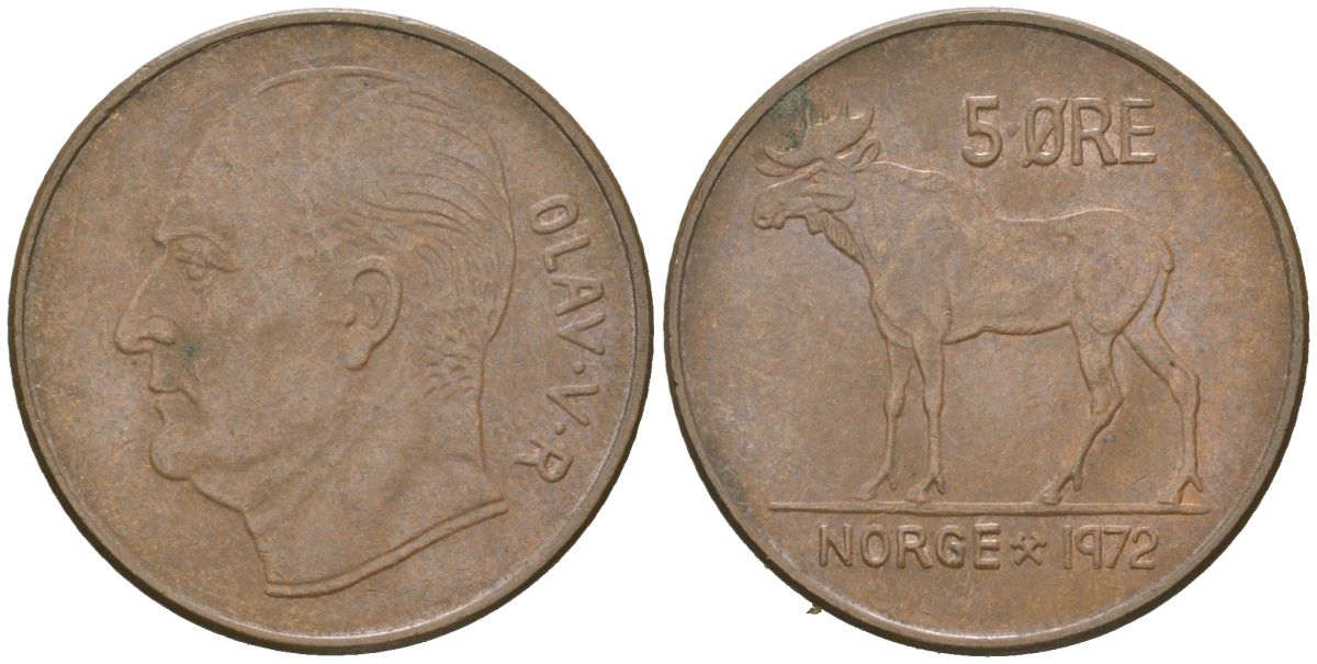 Норвегия 5 эре 1972 лось, Улаф V (1958-1991) KM 405 бронза 4616-1023