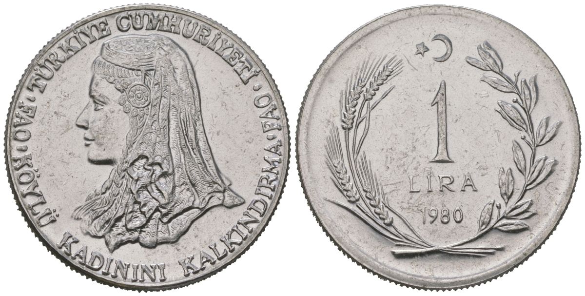 Турция 1 лира 1980 ФАО - Развитие крестьянских женщин KM 937 нержавеющая сталь aUNC 4619-746