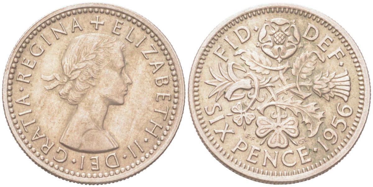 Великобритания 6 пенсов 1956 Елизавета II (1952-2022) KM 903, Spink 4149 медно-никель 4614-825