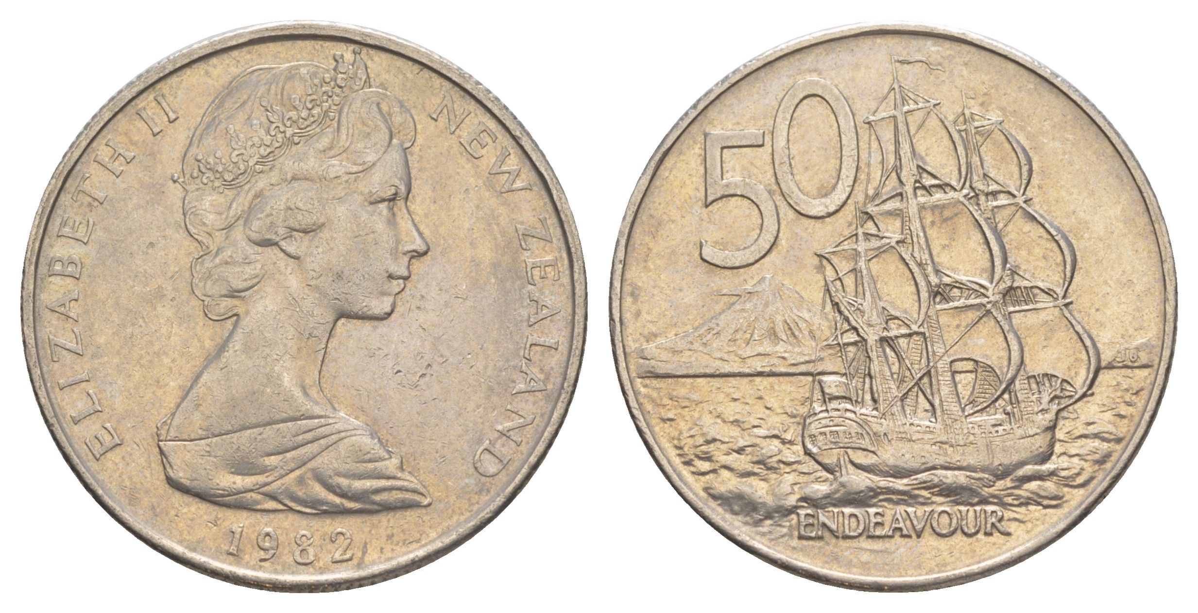 Новая Зеландия 50 центов 1982 Елизавета II (1952-2022), парусник Индевор KM 37.1 медно-никель 4384-825