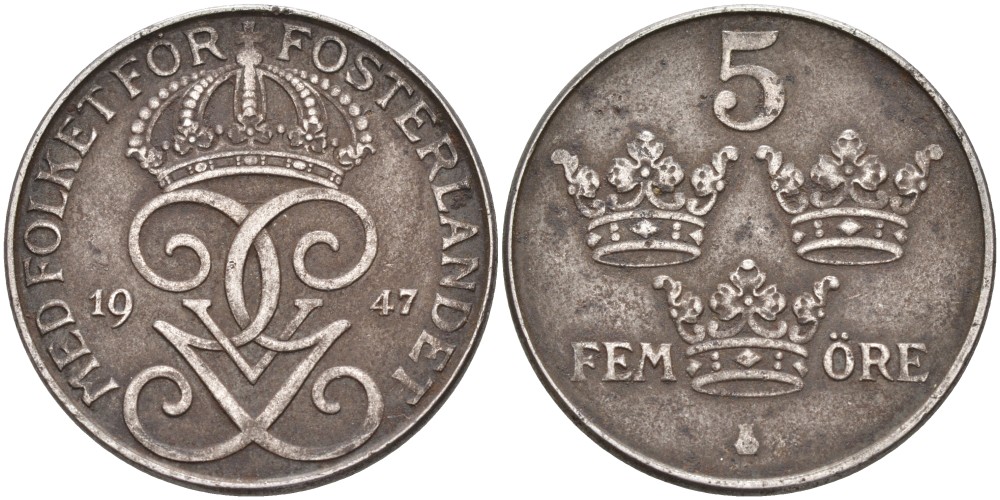 Швеция 5 эре 1947 Густав V (1907-1950) KM 812 железо 4557-723